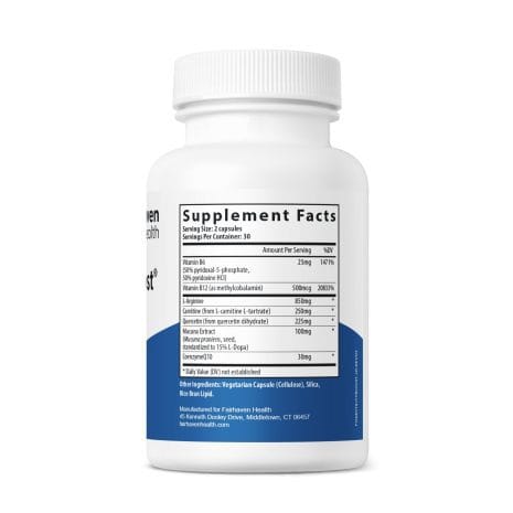 FH.MOTILITYBOOST-US.REV03_2.25x6_150cc_RIGHT Right side of the MotilityBoost for Men bottle displaying full supplement facts panel with daily values and ingredients