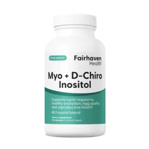 Bottle of Fairhaven Health Myo + D-Chiro Inositol supplement with teal and white label showing product name and key benefits