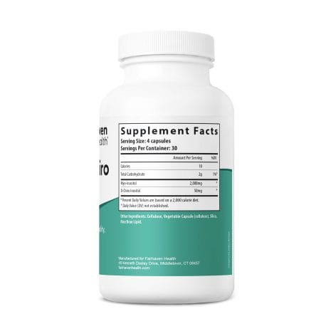 FH.MYODCHIRO.REV04_2.875x7.5_300cc_NoSafetyCap_RIGHT Supplement facts label for Fairhaven Health Myo + D-Chiro Inositol showing serving size, ingredients, and nutritional information