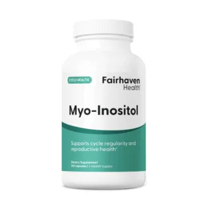 Front view of Fairhaven Health Myo-Inositol supplement bottle showing product label and branding.