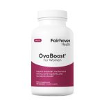Front view of OvaBoost for Women bottle by Fairhaven Health with text indicating support for metabolic and hormone balance, cycle regularity, and reproductive health