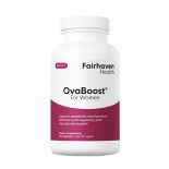 Front view of OvaBoost for Women bottle by Fairhaven Health with text indicating support for metabolic and hormone balance, cycle regularity, and reproductive health