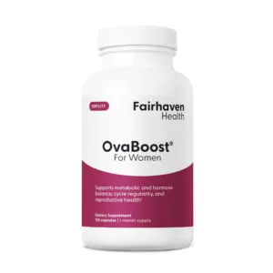 Front view of OvaBoost for Women bottle by Fairhaven Health with text indicating support for metabolic and hormone balance, cycle regularity, and reproductive health