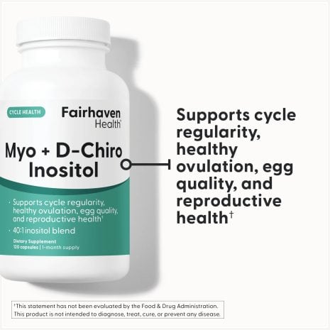 FH_ImageStack_FH.MYODCHIRO.REV04_FC Highlight of Fairhaven Health Myo + D-Chiro Inositol showing text that promotes cycle regularity, healthy ovulation, and reproductive health
