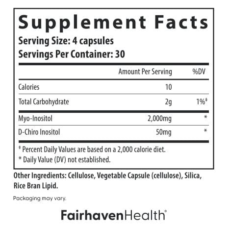 FH_ImageStack_FH.MYODCHIRO.REV04_SFP_Branded Enlarged supplement facts panel for Fairhaven Health Myo + D-Chiro Inositol showing dosage of myo-inositol and D-chiro inositol
