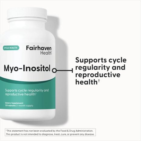 FH_ImageStack_FH.MYOINOSITOL.REV04_FC Fairhaven Health Myo-Inositol bottle with callout text highlighting support for cycle regularity and reproductive health.