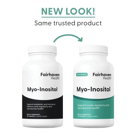 FH_ImageStack_FH.MYOINOSITOL.REV04_NewLook Side-by-side comparison of the old and new Fairhaven Health Myo-Inositol bottle designs with 'New Look, Same Trusted Product' text.