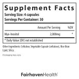 Supplement Facts panel for Fairhaven Health Myo-Inositol showing serving size, dosage, and additional ingredients.