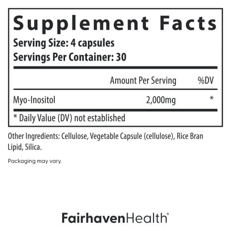 FH_ImageStack_FH.MYOINOSITOL.REV04_SFP_Branded Supplement Facts panel for Fairhaven Health Myo-Inositol showing serving size, dosage, and additional ingredients.