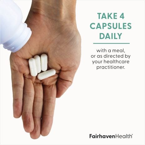 FH_ImageStack_FH.MYOINOSITOL.REV04_SuggestedUse Hand holding four white capsules of Fairhaven Health Myo + D-Chiro Inositol with dosage instructions to take daily with a meal