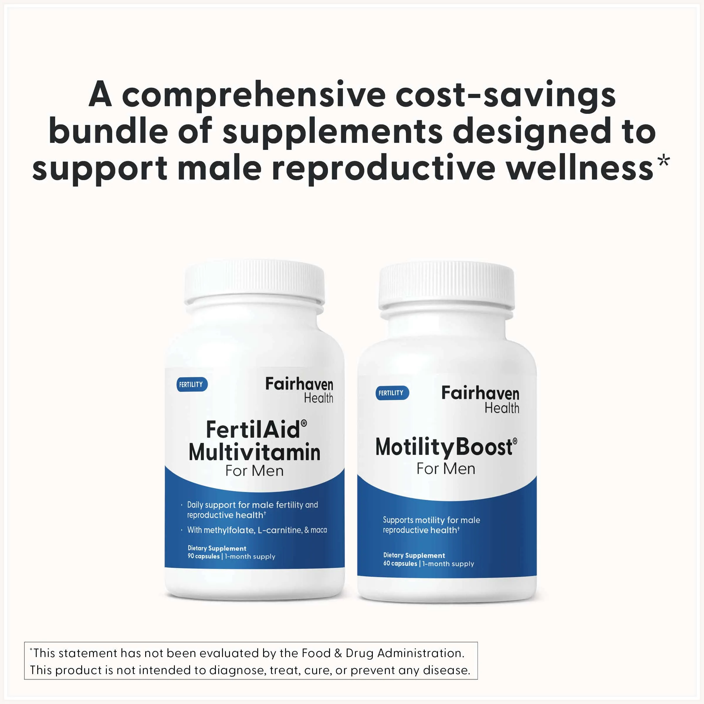 Clean product layout featuring both FertilAid for Men and MotilityBoost bottles with text highlighting support for male reproductive wellness.