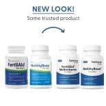 Comparison image showing old and new packaging for FertilAid for Men and MotilityBoost for Men, emphasizing updated branding with same trusted formula.