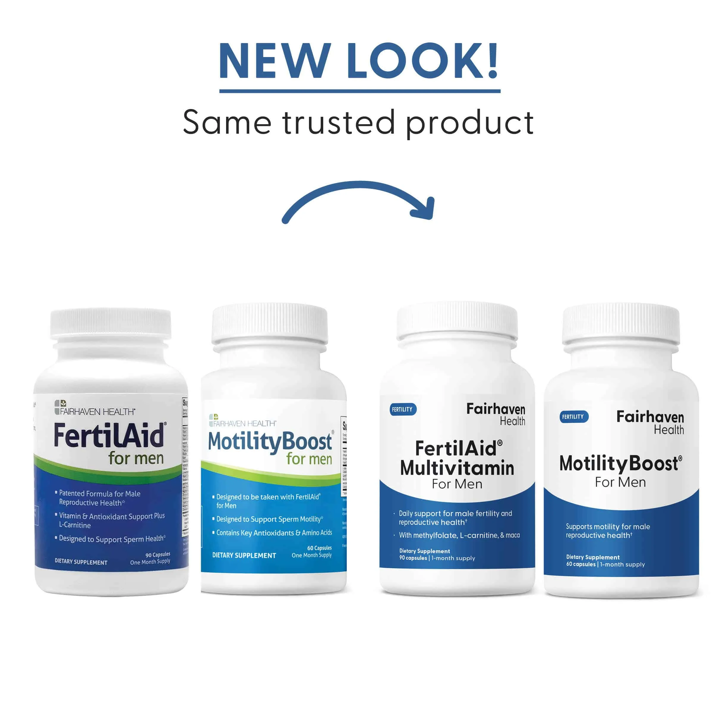 Comparison image showing old and new packaging for FertilAid for Men and MotilityBoost for Men, emphasizing updated branding with same trusted formula.