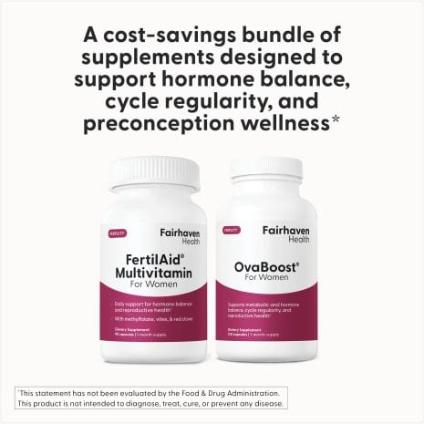 FH_ImageStacks_FH.ASFAWOVB_FertilAidWomens_OvaBoost_Bundle_FC Fairhaven Health FertilAid and OvaBoost bundle under a headline describing support for hormone balance, cycle regularity, and preconception wellness.
