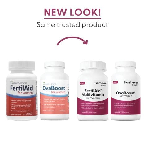 FH_ImageStacks_FH.ASFAWOVB_FertilAidWomens_OvaBoost_Bundle_NewLook Side-by-side comparison of old and new packaging for FertilAid and OvaBoost for Women supplements by Fairhaven Health.
