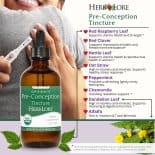 Herb Lore Pre-Conception Tincture bottle with herb descriptions for red raspberry, red clover, nettle, oatstraw, peppermint, chamomile, dandelion, and alfalfa