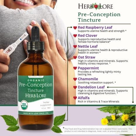 Fertility Friendly Herbs in Pre-Conception Tincture Herb Lore Pre-Conception Tincture bottle with herb descriptions for red raspberry, red clover, nettle, oatstraw, peppermint, chamomile, dandelion, and alfalfa