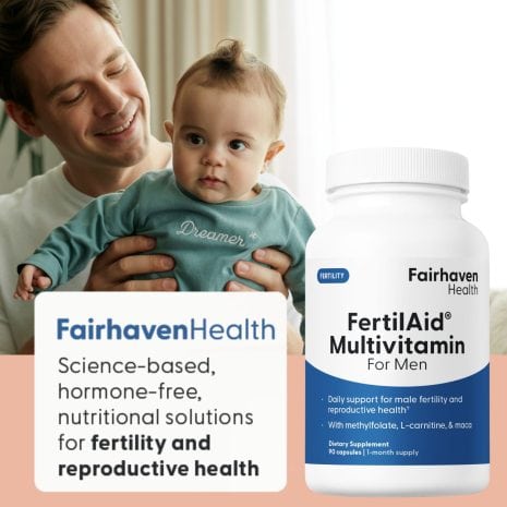 HappyFatheMohawkBabyr Happy Father holding baby background. Fertilaid for Men in foreground