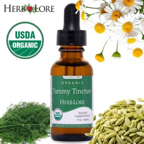 Lifestyle Herb Lore Organic Tummy Tincture bottle with fennel seeds, dill, and chamomile flowers