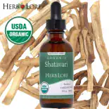 2 fl oz USDA Organic Shatavari Tincture bottle by Herb Lore displayed in front of dried shatavari root, with USDA organic seal and Herb Lore logo