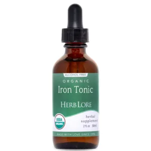 Front-facing bottle of Herb Lore Organic Iron Tonic, alcohol-free version, with USDA Organic certification on the label