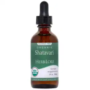 Close-up of a 2 oz bottle of Herb Lore Organic Shatavari Tincture – Alcohol-Free, with green label and USDA Organic seal