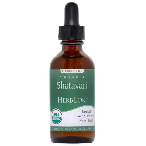 Close-up of a 2 oz bottle of Herb Lore Organic Shatavari Tincture – Alcohol-Free, with green label and USDA Organic seal