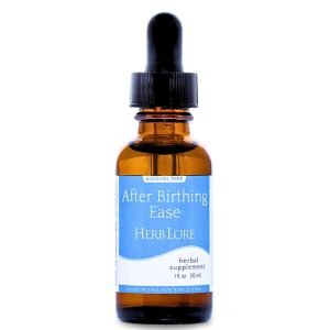 1 oz amber glass dropper bottle of Herb Lore After Birthing Ease tincture with a blue and white label reading “Alcohol-Free – After Birthing Ease – Herb Lore.”