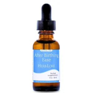 1 oz amber glass dropper bottle of Herb Lore After Birthing Ease tincture with a blue and white label reading “Alcohol-Free – After Birthing Ease – Herb Lore.”