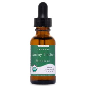 Close-up of 1 fl oz Herb Lore Organic Tummy Tincture alcohol-free bottle