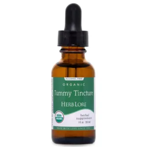 Close-up of 1 fl oz Herb Lore Organic Tummy Tincture alcohol-free bottle
