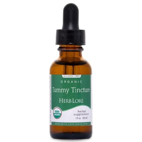 Close-up of 1 fl oz Herb Lore Organic Tummy Tincture alcohol-free bottle