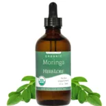 Bottle of Herb Lore Organic Moringa Tincture with moringa leaves on white background