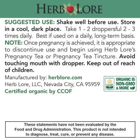 Organic Preconception Tincture Suggested Use Suggested use instructions for Pre-Conception Tincture, recommending daily use before pregnancy and storage tips