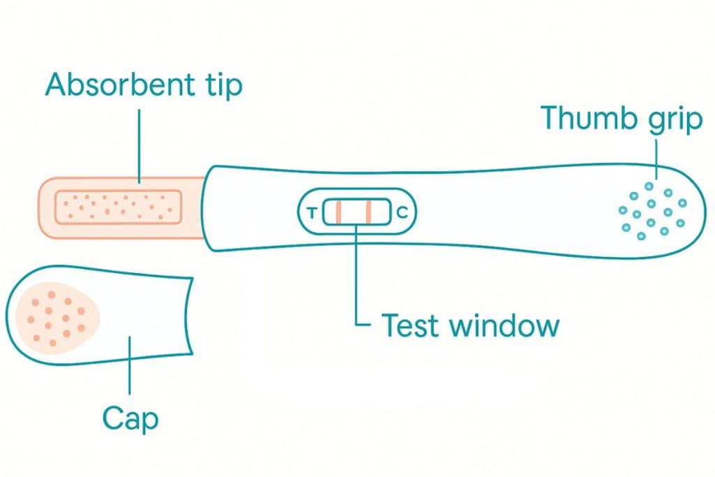 Labeled diagram of a home pregnancy test showing absorbent tip, cap, test window and thumb grip, with teal and peach accents on a white background