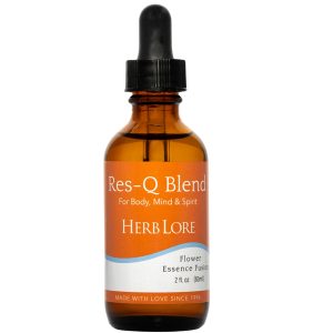 Amber glass dropper bottle of 2 fl oz Herb Lore Res-Q Blend flower essence tincture labeled for body, mind, and spirit support.