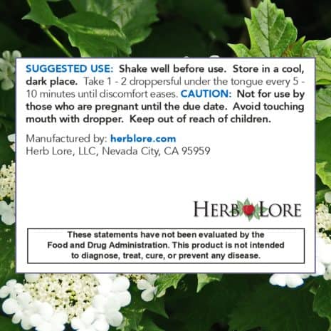 Supplement Facts (2) Suggested use label for Herb Lore After Birthing Ease tincture with dosage instructions and safety warning against use before full-term pregnancy.