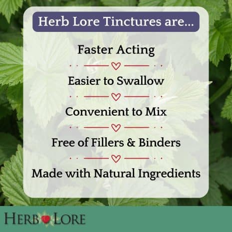 Tinctures are better because Herb Lore tincture benefits infographic listing faster acting, easier to swallow, convenient to mix, and made with natural ingredients