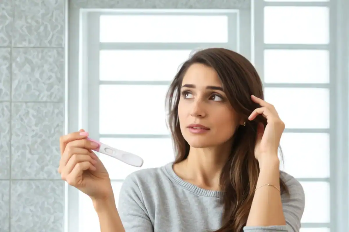 Woman in a gray sweater looking uncertain while holding a pregnancy test, standing in a bathroom with frosted windows in the background