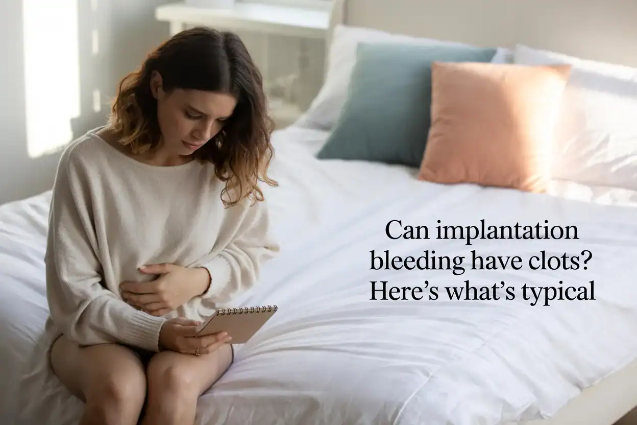 Woman sits on a bed holding her lower stomach and notepad, with text: “Can implantation bleeding have clots?”