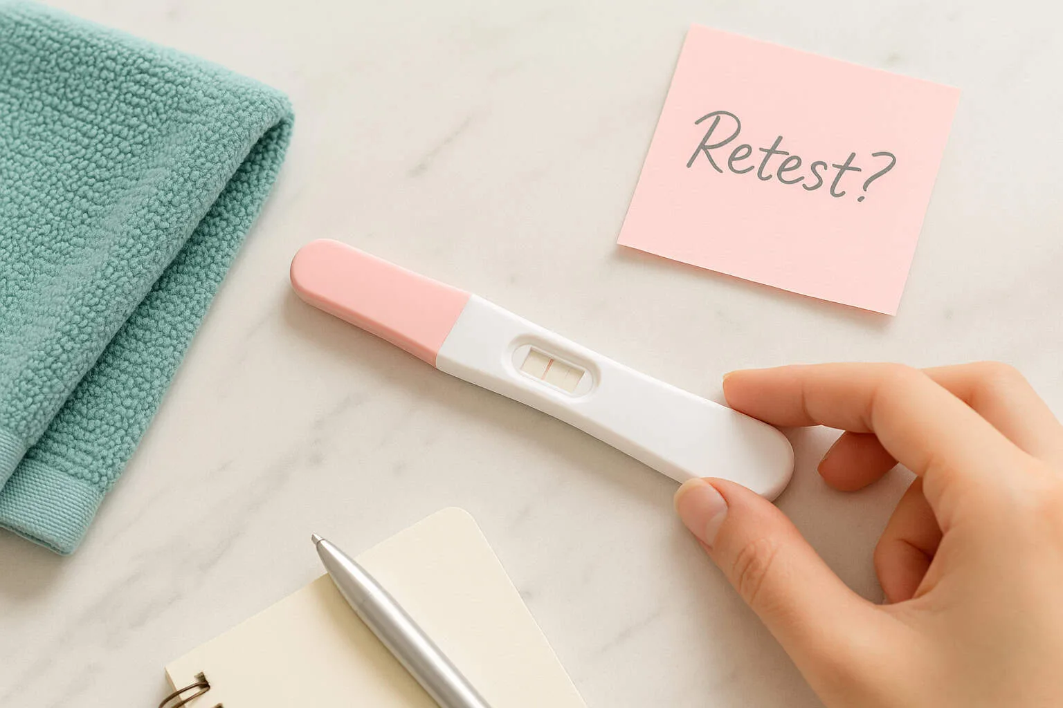 Home pregnancy test with a very very faint line next to a dark pink line, resting on a marble counter, next to a pink sticky note that says “Retest?”, a teal towel, and a silver pen with notebook, under natural light
