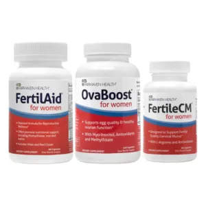 Product lineup featuring three Fairhaven Health supplements for women: FertilAid, OvaBoost, and FertileCM, designed to support reproductive wellness, egg health, and cervical mucus quality.
