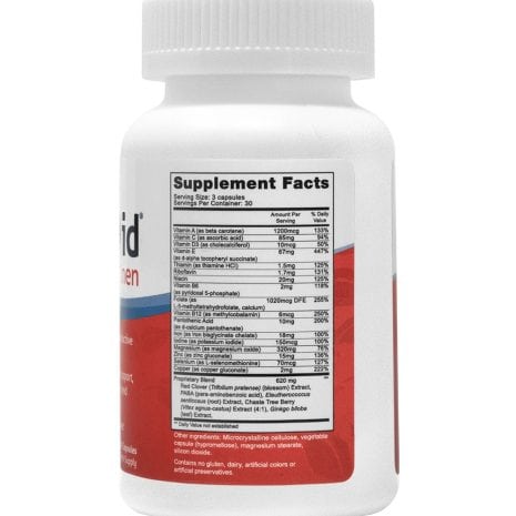 fertilaid-women-L11-supplementfa Supplement Facts label for FertilAid for Women by Fairhaven Health, showing a comprehensive prenatal and fertility blend with vitamins, minerals, red clover, and chaste tree berry.