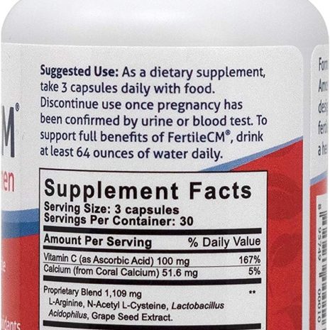 fertilecm Supplement Facts label for FertileCM for Women by Fairhaven Health, showing serving size, ingredients including L-arginine, NAC, Lactobacillus acidophilus, and grape seed extract.
