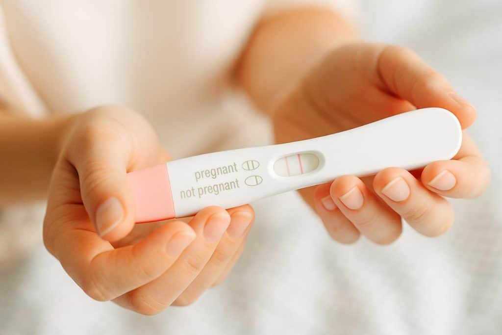 Hands holding a pregnancy test with a positive result on it
