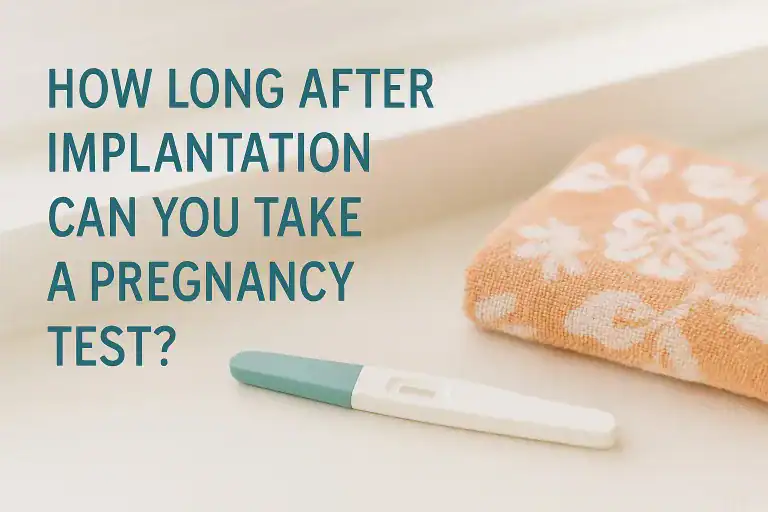 Pregnancy test on a white bathroom counter next to a folded peach floral towel, with teal text reading “How long after implantation can you take a pregnancy test?”