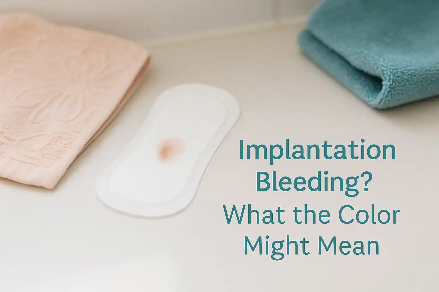 Panty liner with a small pinkish-brown spot on a white bathroom counter, next to a peach floral towel and teal washcloth, with text reading “Implantation Bleeding? What the Color Might Mean.”