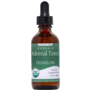Front view of Herb Lore Organic Adrenal Tonic 2oz alcohol-free tincture with USDA Organic seal