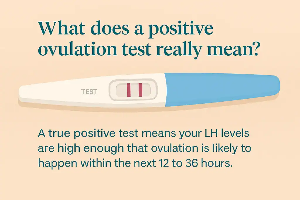 Illustration of a positive ovulation test showing two dark lines, with overlaid text that reads,