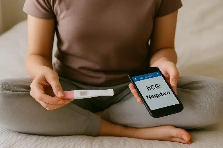Woman holding positive pregnancy test and phone showing “hCG: Negative” while sitting cross-legged on bed.